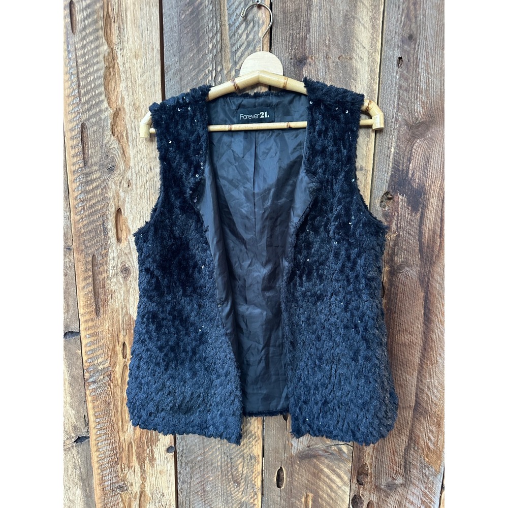 Forever 21 Vest Black Sleeveless Faux‎ Fur Sequins Party Club Layering